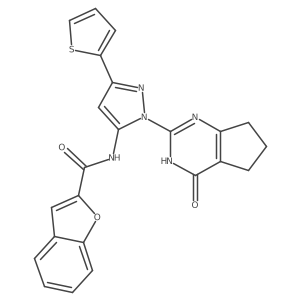 N-(1-(4-oxo-4,5,6,7-tetrahydro-3H-cyclopenta[d]pyrimidin-2-yl)-3-(thiophen-2-yl)-1H-pyrazol-5-yl)benzofuran-2-carboxamide结构式