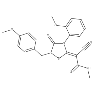 (E)-2-cyano-2-(5-(4-methoxybenzyl)-3-(2-methoxyphenyl)-4-oxothiazolidin-2-ylidene)-N-methylacetamide结构式