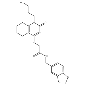 N-(benzo[d][1,3]dioxol-5-ylmethyl)-2-((1-(3-hydroxypropyl)-2-oxo-1,2,5,6,7,8-hexahydroquinazolin-4-yl)thio)acetamide结构式