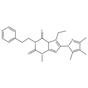 7-ethyl-3-methyl-1-(2-phenylethyl)-8-(3,4,5-trimethylpyrazol-1-yl)-5H-purin-7-ium-2,6-dione Structure