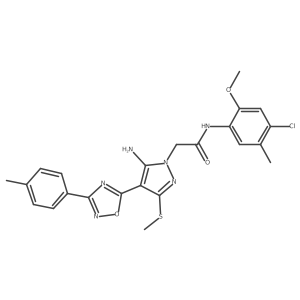 2-{5-amino-4-[3-(4-methylphenyl)-1,2,4-oxadiazol-5-yl]-3-(methylsulfanyl)-1H-pyrazol-1-yl}-N-(4-chloro-2-methoxy-5-methylphenyl)acetamide结构式