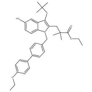 1H-Indole-2-propanoic acid, 3-[(1,1-dimethylethyl)thio]-1-[[4-(6-ethoxy-3-pyridinyl)phenyl]methyl]-5-hydroxy-alpha,alpha-dimethyl-, ethyl ester Structure