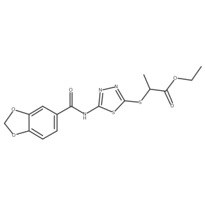 Ethyl 2-((5-(benzo[d][1,3]dioxole-5-carboxamido)-1,3,4-thiadiazol-2-yl)thio)propanoate结构式