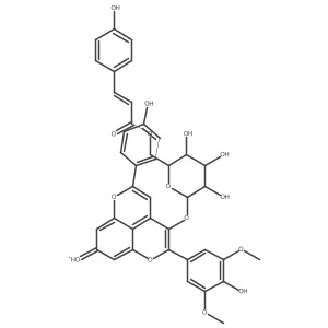 8-Hydroxy-2-(4-hydroxy-3,5-dimethoxyphenyl)-5-(4-hydroxyphenyl)-3-[[6-O-[(2E)-3-(4-hydroxyphenyl)-1-oxo-2-propen-1-yl]-I(2)-D-glucopyranosyl]oxy]pyrano[4,3,2-de]-1-benzopyrylium结构式