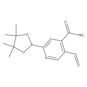 CC1(C)OB(c2cc(C(N)=O)c(C=O)cn2)OC1(C)C结构式