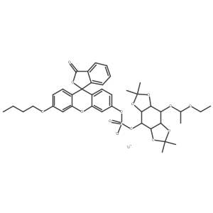 O-(N-Butylfluorescein)-O-{3-[6-O-(D,L-1-ethoxyethyl)-1,2:4,5-bis-O-(1-methylethylidene)-D,L-myo-inositol]}phosphate, Lithium Salt Structure
