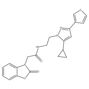 N-(2-(5-cyclopropyl-3-(thiophen-3-yl)-1H-pyrazol-1-yl)ethyl)-2-(2-oxobenzo[d]oxazol-3(2H)-yl)acetamide结构式