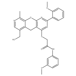 2-((6-(hydroxymethyl)-2-(2-methoxyphenyl)-9-methyl-5H-pyrido[4',3':5,6]pyrano[2,3-d]pyrimidin-4-yl)thio)-N-(3-(methylthio)phenyl)acetamide Structure