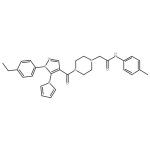 2-(4-{[1-(4-ethylphenyl)-5-(1H-pyrrol-1-yl)-1H-pyrazol-4-yl]carbonyl}piperazin-1-yl)-N-(4-methylphenyl)acetamide结构式