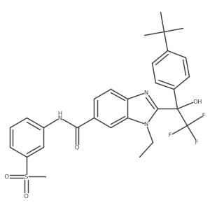 2-(1-(4-(tert-Butyl)phenyl)-2,2,2-trifluoro-1-hydroxyethyl)-1-ethyl-N-(3-(methylsulfonyl)phenyl)-1H-benzo[d]imidazole-6-carboxamide结构式