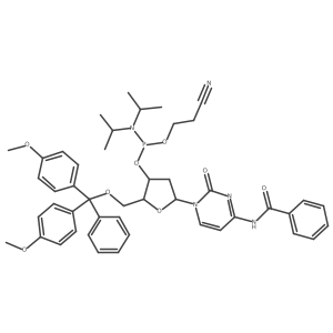 (2S,3R,5S)-5-(4-Benzamido-2-oxopyrimidin-1(2H)-yl)-2-((bis(4-methoxyphenyl)(phenyl)methoxy)methyl)tetrahydrofuran-3-yl(2-cyanoethyl)diisopropylphosphoramidite Structure
