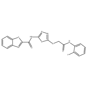 N-(5-((2-((2-fluorophenyl)amino)-2-oxoethyl)thio)-1,3,4-thiadiazol-2-yl)benzo[d]thiazole-2-carboxamide结构式