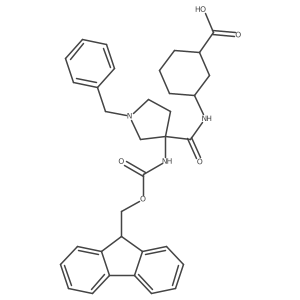 rac-(1R,3R)-3-[1-benzyl-3-({[(9H-fluoren-9-yl)methoxy]carbonyl}amino)pyrrolidine-3-amido]cyclohexane-1-carboxylic acid结构式