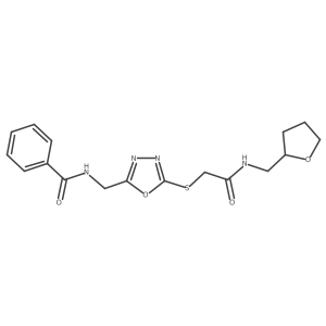N-((5-((2-oxo-2-(((tetrahydrofuran-2-yl)methyl)amino)ethyl)thio)-1,3,4-oxadiazol-2-yl)methyl)benzamide结构式