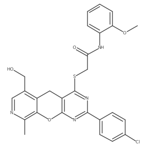 2-{[5-(4-chlorophenyl)-11-(hydroxymethyl)-14-methyl-2-oxa-4,6,13-triazatricyclo[8.4.0.0^{3,8}]tetradeca-1(10),3(8),4,6,11,13-hexaen-7-yl]sulfanyl}-N-(2-methoxyphenyl)acetamide Structure