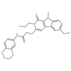 N-(2,3-dihydro-1,4-benzodioxin-6-yl)-2-({8-methoxy-5-methyl-4-oxo-3-propyl-3H,4H,5H-pyrimido[5,4-b]indol-2-yl}sulfanyl)acetamide结构式