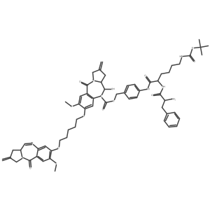 [4-[[(2S)-2-[[(2S)-2-amino-3-phenylpropanoyl]amino]-6-[(2-methylpropan-2-yl)oxycarbonylamino]hexanoyl]amino]phenyl]methyl (6S,6aS)-3-[5-[[(6aS)-2-methoxy-8-methylidene-11-oxo-7,9-dihydro-6aH-pyrrolo[2,1-c][1,4]benzodiazepin-3-yl]oxy]pentoxy]-6-hydroxy-2-methoxy-8-methylidene-11-oxo-6,6a,7,9-tetrahydropyrrolo[2,1-c][1,4]benzodiazepine-5-carboxylate Structure
