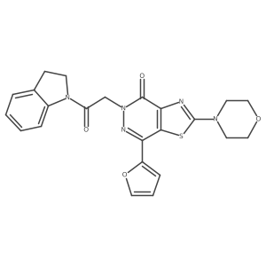 7-(furan-2-yl)-5-(2-(indolin-1-yl)-2-oxoethyl)-2-morpholinothiazolo[4,5-d]pyridazin-4(5H)-one结构式