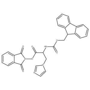 1,3-dioxo-2,3-dihydro-1H-isoindol-2-yl 2-({[(9H-fluoren-9-yl)methoxy]carbonyl}amino)-3-(1H-imidazol-1-yl)propanoate结构式