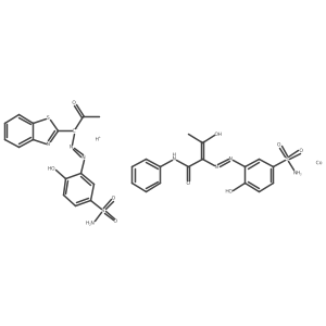 Hydrogen (2-((5-(aminosulphonyl)-2-hydroxyphenyl)azo)-3-oxo-N-phenylbutylamidato(2-))(3-((1-(benzothiazol-2-yl)-2-oxopropyl)azo)-4-hydroxybenzenesulphonamidato(2-))cobaltate(1-)结构式
