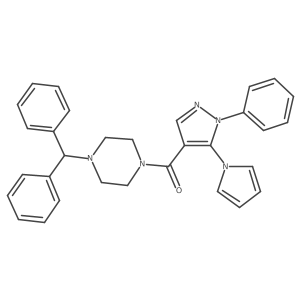 O=C(c1cnn(-c2ccccc2)c1-n1cccc1)N1CCN(C(c2ccccc2)c2ccccc2)CC1结构式