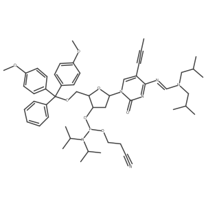 N'-[1-[(2R,4S,5R)-5-[[bis(4-methoxyphenyl)-phenylmethoxy]methyl]-4-[2-cyanoethoxy-[di(propan-2-yl)amino]phosphanyl]oxyoxolan-2-yl]-2-oxo-5-prop-1-ynylpyrimidin-4-yl]-N,N-bis(2-methylpropyl)methanimidamide结构式