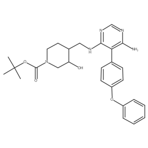 tert-Butyl 4-(((6-amino-5-(4-phenoxyphenyl)pyrimidin-4-yl)amino)methyl)-3-hydroxypiperidine-1-carboxylate结构式