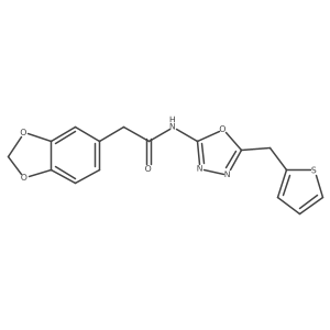 2-(benzo[d][1,3]dioxol-5-yl)-N-(5-(thiophen-2-ylmethyl)-1,3,4-oxadiazol-2-yl)acetamide结构式