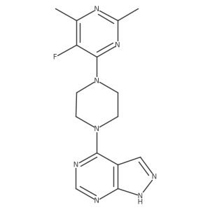 5-fluoro-2,4-dimethyl-6-(4-{1H-pyrazolo[3,4-d]pyrimidin-4-yl}piperazin-1-yl)pyrimidine结构式