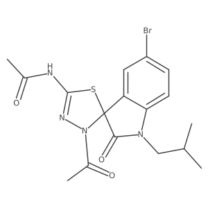 N-[3-acetyl-10-bromo-6-(2-methylpropyl)-7-oxospiro[1,3,4-thiadiazoline-2,3'-in doline]-5-yl]acetamide结构式