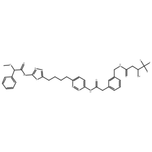 4,4,4-Trifluoro-3-hydroxy-N-(3-(2-((6-(4-(5-(2-methoxy-2-phenylacetamido)-1,3,4-thiadiazol-2-yl)butyl)pyridazin-3-yl)amino)-2-oxoethyl)benzyl)butanamide结构式