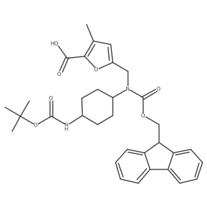 5-[[9H-Fluoren-9-ylmethoxycarbonyl-[4-[(2-methylpropan-2-yl)oxycarbonylamino]cyclohexyl]amino]methyl]-3-methylfuran-2-carboxylic acid Structure