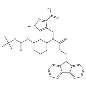 4-({[(1R,3R)-3-{[(tert-butoxy)carbonyl]amino}cyclohexyl]({[(9H-fluoren-9-yl)methoxy]carbonyl})amino}methyl)-1-methyl-1H-pyrazole-3-carboxylic acid结构式