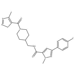 3-(4-fluorophenyl)-1-methyl-N-((1-(4-methyl-1,2,3-thiadiazole-5-carbonyl)piperidin-4-yl)methyl)-1H-pyrazole-5-carboxamide结构式