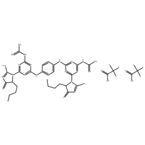 1-[4-(2-amino-4-butyl-5-oxo-4H-imidazol-3-yl)-6-[4-[[4-(2-amino-4-butyl-5-oxo-4H-imidazol-3-yl)-6-carbamimidamido-1,3,5-triazin-2-yl]amino]anilino]-1,3,5-triazin-2-yl]guanidine;2,2,2-trifluoroacetic acid Structure