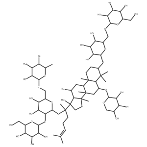 I(2)-D-Glucopyranoside, (3I(2),6I+/-,12I(2))-3-[(6-O-I(2)-D-glucopyranosyl-I(2)-D-glucopyranosyl)oxy]-12,17-dihydroxy-6-(I(2)-D-xylopyranosyloxy)dammar-24-en-20-yl O-6-deoxy-I+/--L-mannopyranosyl-(1a6)-O-[I(2)-D-glucopyranosyl-(1a2)]-结构式