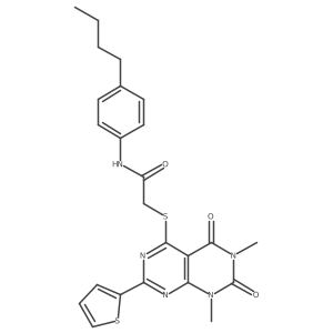 N-(4-butylphenyl)-2-((6,8-dimethyl-5,7-dioxo-2-(thiophen-2-yl)-5,6,7,8-tetrahydropyrimido[4,5-d]pyrimidin-4-yl)thio)acetamide Structure