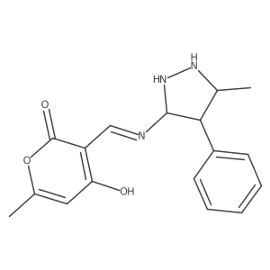 4-hydroxy-6-methyl-3-[(E)-(5-methyl-4-phenylpyrazolidin-3-yl)iminomethyl]pyran-2-one结构式