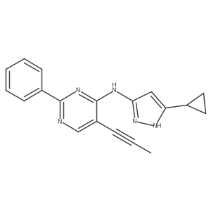 N-(5-cyclopropyl-1H-pyrazol-3-yl)-2-phenyl-5-prop-1-ynyl-pyrimidin-4-amine结构式