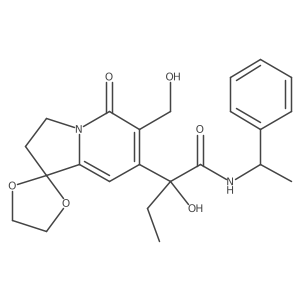 (2R)-2-hydroxy-2-[6'-(hydroxymethyl)-5'-oxospiro[1,3-dioxolane-2,1'-2,3-dihydroindolizine]-7'-yl]-N-(1-phenylethyl)butanamide结构式