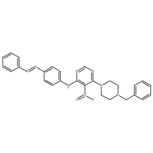 4-Pyrimidinamine, 5-nitro-N-[4-(2-phenyldiazenyl)phenyl]-6-[4-(phenylmethyl)-1-piperazinyl]- Structure