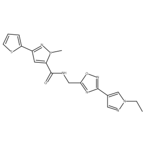 N-((3-(1-ethyl-1H-pyrazol-4-yl)-1,2,4-oxadiazol-5-yl)methyl)-1-methyl-3-(thiophen-2-yl)-1H-pyrazole-5-carboxamide Structure