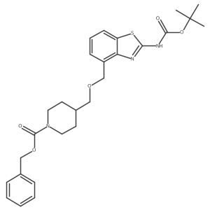 Benzyl 4-(((2-((tert-butoxycarbonyl)amino)benzo[d]thiazol-4-yl)methoxy)methyl)piperidine-1-carboxylate结构式
