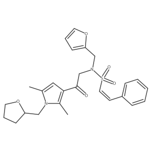 N-(2-{2,5-dimethyl-1-[(oxolan-2-yl)methyl]-1H-pyrrol-3-yl}-2-oxoethyl)-N-[(furan-2-yl)methyl]-2-phenylethene-1-sulfonamide Structure