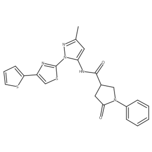N-(3-methyl-1-(4-(thiophen-2-yl)thiazol-2-yl)-1H-pyrazol-5-yl)-5-oxo-1-phenylpyrrolidine-3-carboxamide结构式