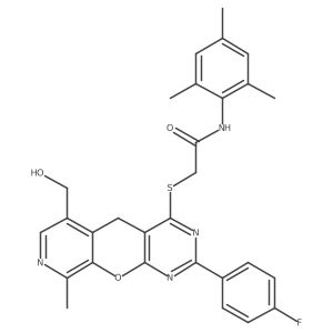 2-((2-(4-fluorophenyl)-6-(hydroxymethyl)-9-methyl-5H-pyrido[4',3':5,6]pyrano[2,3-d]pyrimidin-4-yl)thio)-N-mesitylacetamide结构式