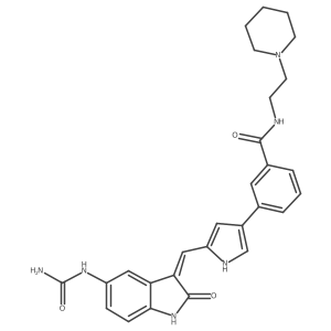 3-(5-{[(3Z)-5-(carbamoylamino)-2-oxo-2,3-dihydro-1H-indol-3-ylidene]methyl}-1H-pyrrol-3-yl)-N-[2-(piperidin-1-yl)ethyl]benzamide结构式