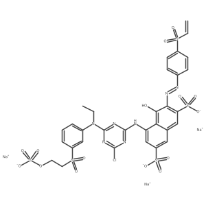 Trisodium 5-((4-chloro-6-(ethyl(3-((2-(sulfonatooxy)ethyl)sulfonyl)phenyl)amino)-1,3,5-triazin-2-yl)amino)-3-((4-(ethenylsulfonyl)phenyl)diazenyl)-4-hydroxynaphthalene-2,7-disulfonate结构式