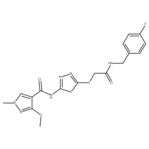 N-(5-((2-((4-fluorobenzyl)amino)-2-oxoethyl)thio)-1,3,4-thiadiazol-2-yl)-3-methoxy-1-methyl-1H-pyrazole-4-carboxamide结构式