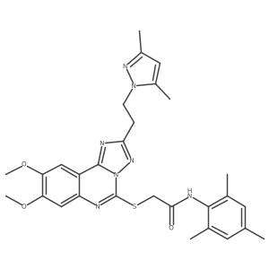 2-((2-(2-(3,5-dimethyl-1H-pyrazol-1-yl)ethyl)-8,9-dimethoxy-[1,2,4]triazolo[1,5-c]quinazolin-5-yl)thio)-N-mesitylacetamide结构式
